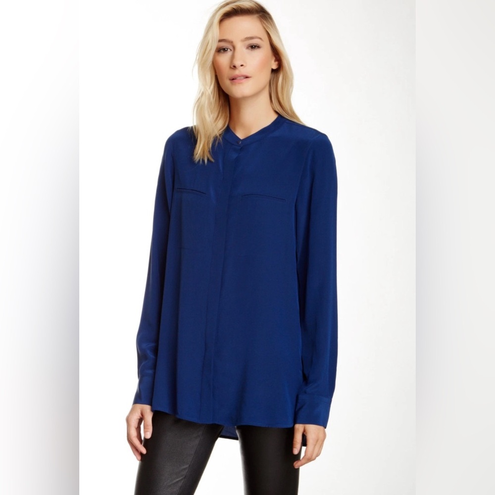 VINCE Roy 100% Silk Hidden Button Oversized Pocket Blouse